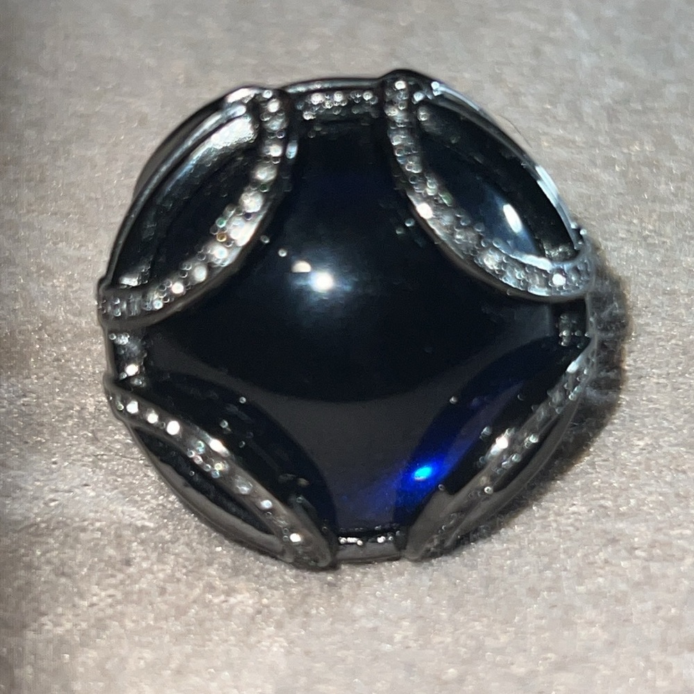 Lia Sophia Gunmetal Tone Crystal and Blue Glass Statement Ring Size 9